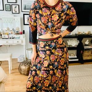 Lotus Floral Silk A-line Maxi Skirt Blouse Set